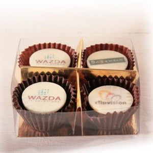4 ambachtelijke bonbons met logo in transparante verpakking - bonbons -chocolade - Chocoladebox.nl