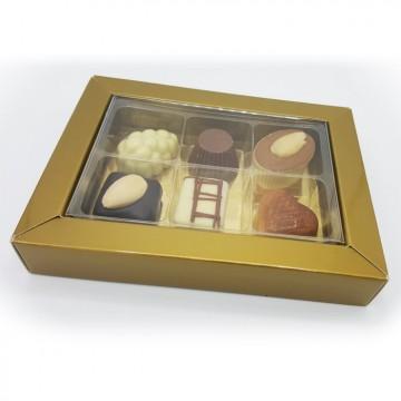 6 bonbons in gouden doosje met transparant deksel Brievenbuspost