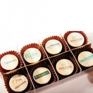 8 bonbons met logo in transparante verpakking - bonbons -chocolade - Chocoladebox.nl